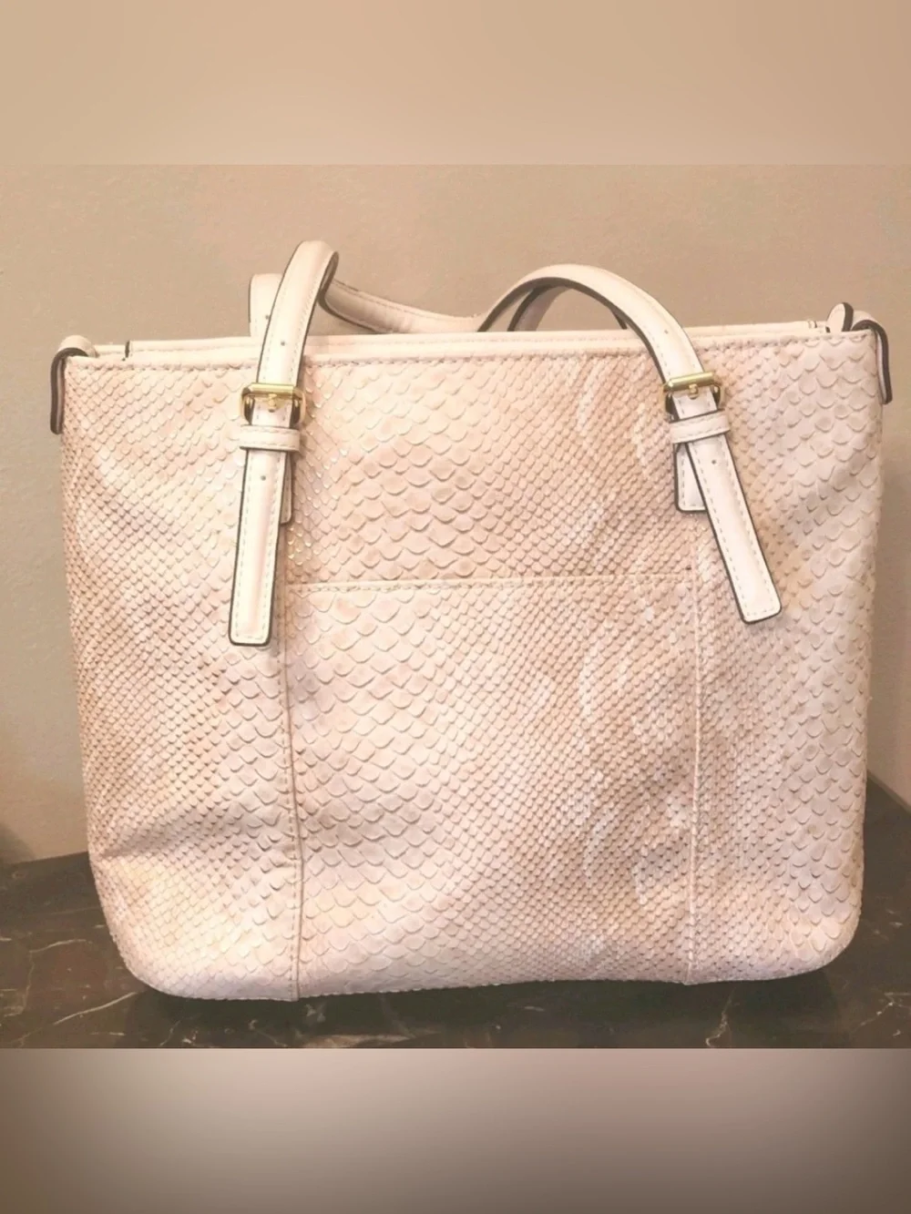 Anna Klein Cream Snake-Embossed Tote Bag